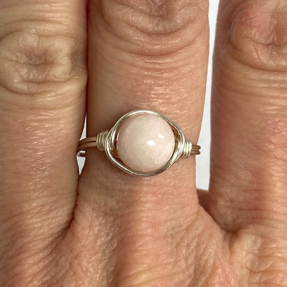 Sterling Silver Wire Wrapped 8MM Pink Rose Quartz Bead Ring Size 6.75